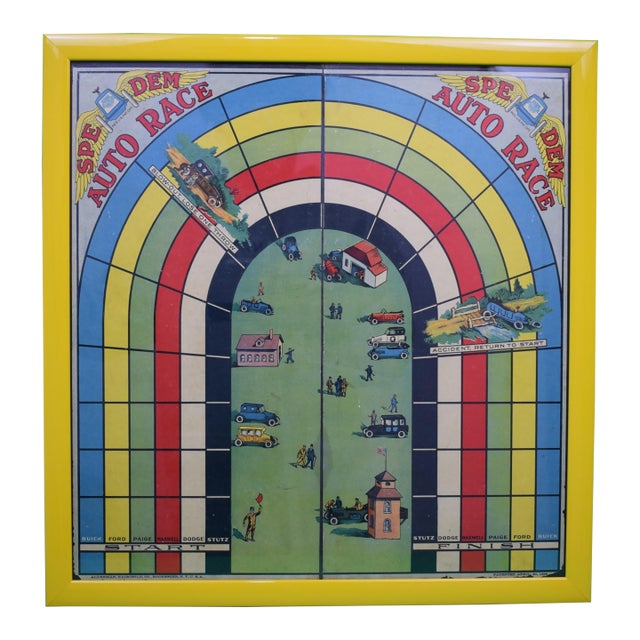 Spe-Dem Auto Race C1922 Game Board in Yellow Frame For Sale