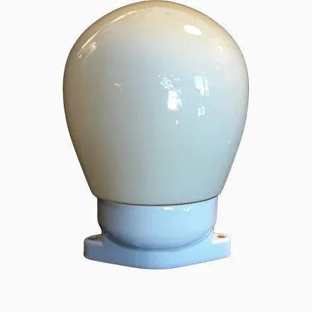 Vintage Mid-Century Egg Shaped White Porcelain Mount and Cream-Colored Opaque Glass Umbrella Ceiling Lamp, 1950s For Sale - Image 6 of 6