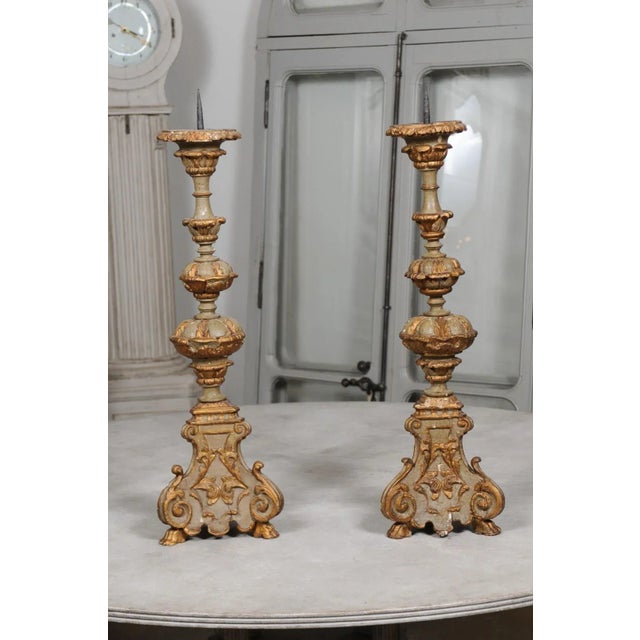 Mid 19th Century Early 19th Century French Rococo Style Carved and Painted Candlesticks - A Pair For Sale - Image 5 of 12
