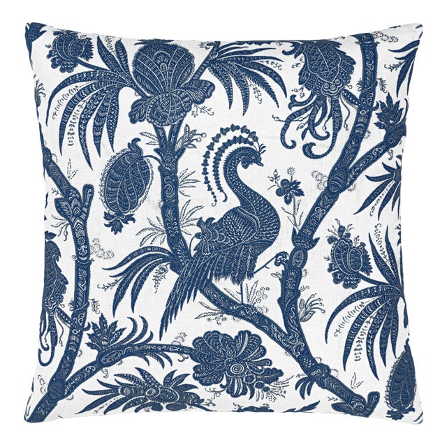 Scalamandre 22" x 22" Balinese Peacock Pillow in Indigo For Sale
