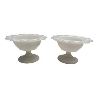 Mid-Century White Glass, Petite Pedestal Bowls, Set of Two For Sale