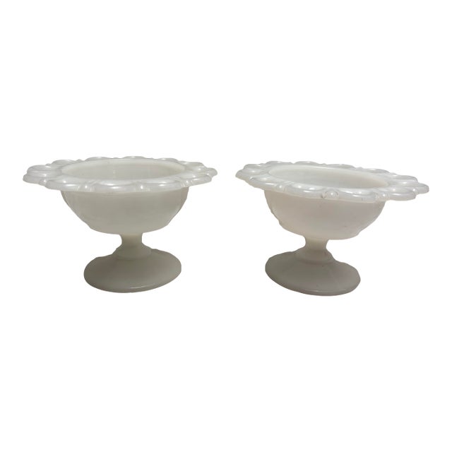 Mid-Century White Glass, Petite Pedestal Bowls, Set of Two For Sale
