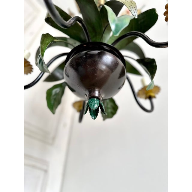 French Country Tole Botanical Five-Light Chandelier with Cattails and Flowers, 1960s For Sale - Image 11 of 17