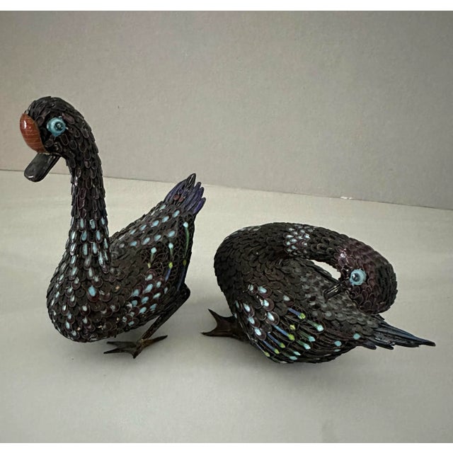 Metal Antique Chinese Export Silver Filigree Enameled Ducks For Sale - Image 7 of 7