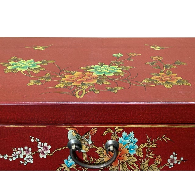 1990s Chinese Red Vinyl Moon Face Flower Birds End Table Nightstand For Sale - Image 5 of 10