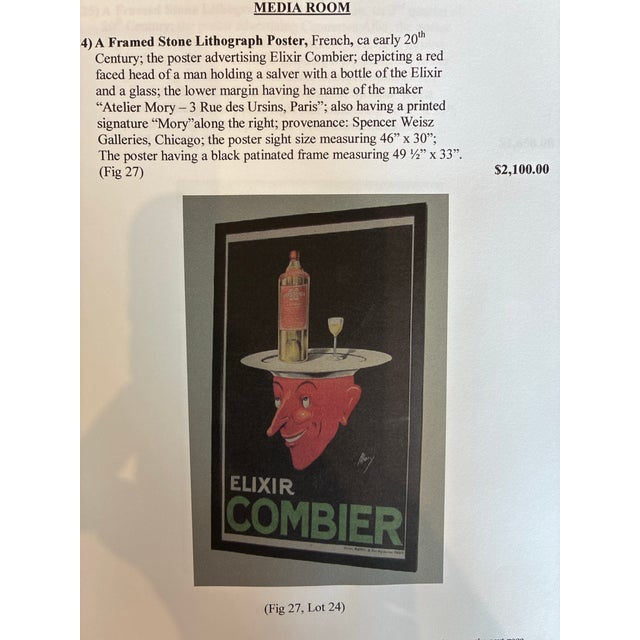 A striking early 20th-century French stone lithograph advertising Elixir Combier, featuring a stylized red-faced figure in...