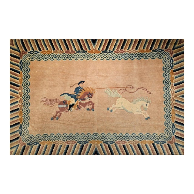 Vintage Chinese Pictorial Area Rug, Handwoven Wool on Cotton, Tan & Blue, 4' x 6' For Sale