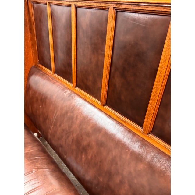 Early 20th Century Antique High-Back Oak + Leather Settle Bench For Sale - Image 5 of 12