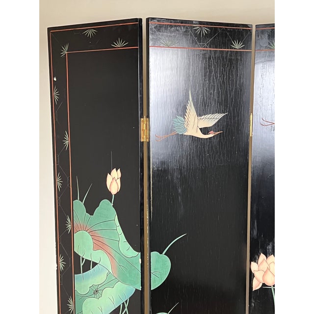 Vintage Asian Black Lacquer Coromandel Room Screen For Sale - Image 9 of 13
