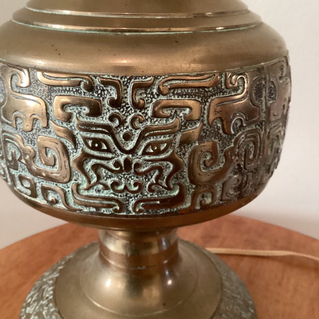 Vintage Asian Inspired La James Mont Style Intricately Carved Heavy Brass Lamp Circa 1940 For Sale In Chicago - Image 6 of 12