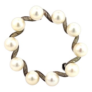 1990s Mikimoto Estate Akoya Pearl Brooch Pin Sterling Silver For Sale
