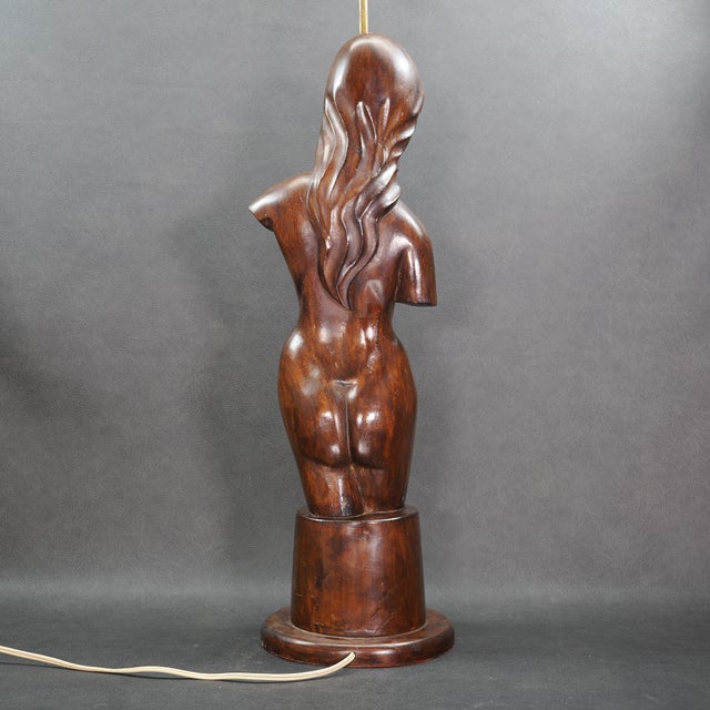 Large Vintage Hand Carved Wooden Nude Woman Lamp For Sale - Image 4 of 9