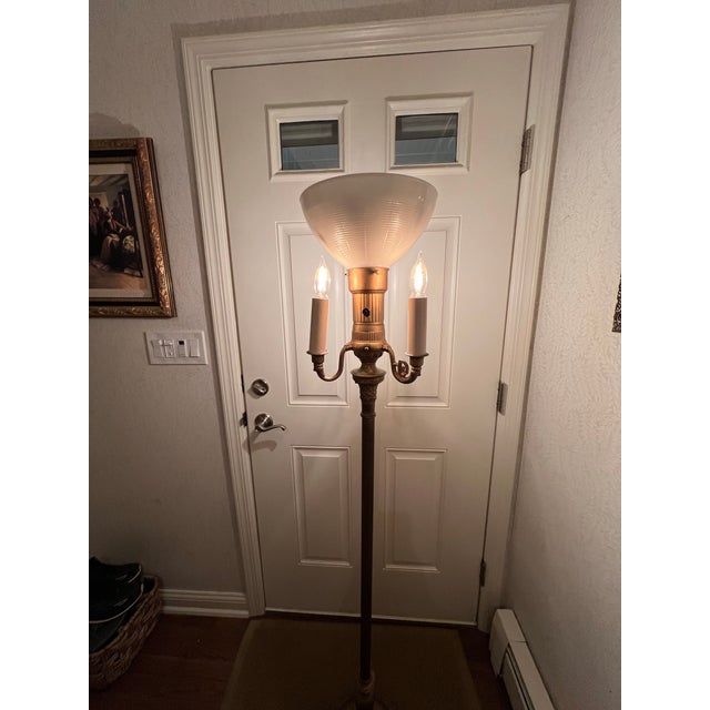 Vintage Brass and Frosted Glass Torchière Floor Lamp For Sale In New York - Image 6 of 7
