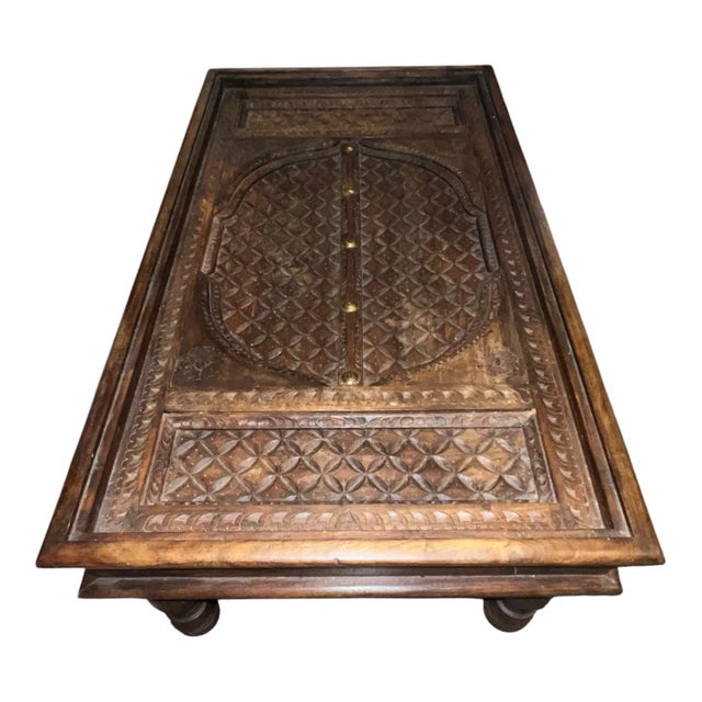 Indian Vintage Indian Hand-Carved Door Coffee Table With Iron Hardware and Brass Studs For Sale - Image 3 of 6