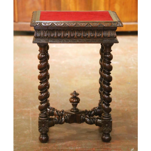 French 19th Century French Louis XIII Carved Walnut Side Table With Velvet Top For Sale - Image 3 of 15