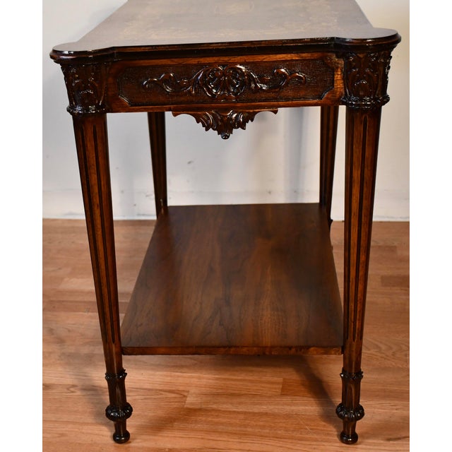 1930s French Louis XVI Carved Walnut & Satinwood Inlay Sofa Table / Side Table For Sale - Image 11 of 12