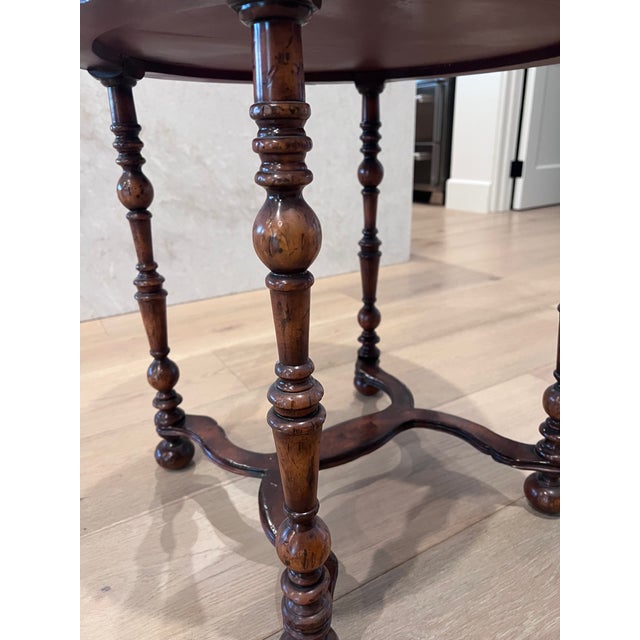 2000 - 2009 Jonathan Charles Round Side Table Walnut Finish With Burl Veneers and Hand Cut Inlays For Sale - Image 5 of 9
