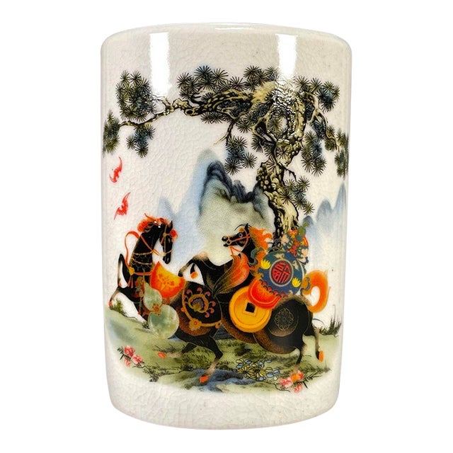 Famille Rose Crackle Glaze Porcelain Brush Pot With Horse Motif For Sale