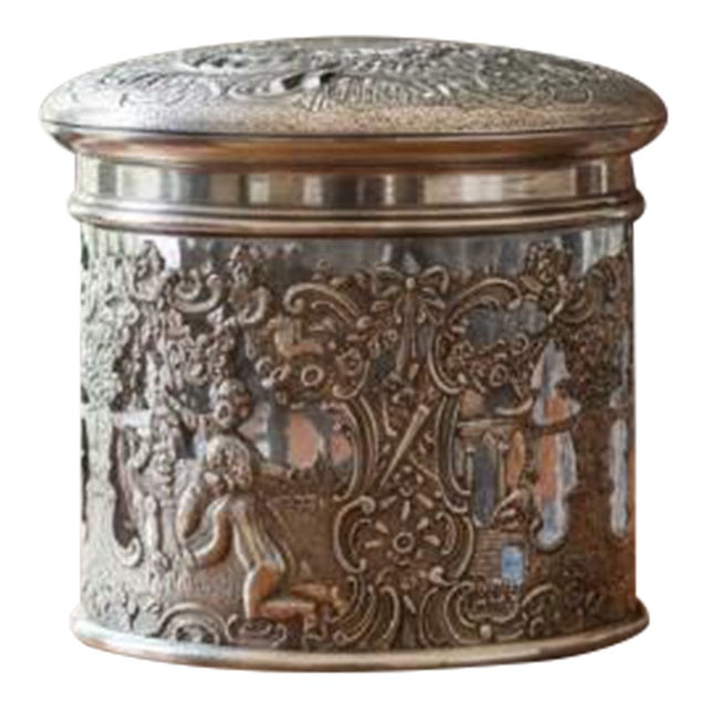 19th Century German Hanau .800 Silver & Heavy Glass Putti Dresser Jar For Sale