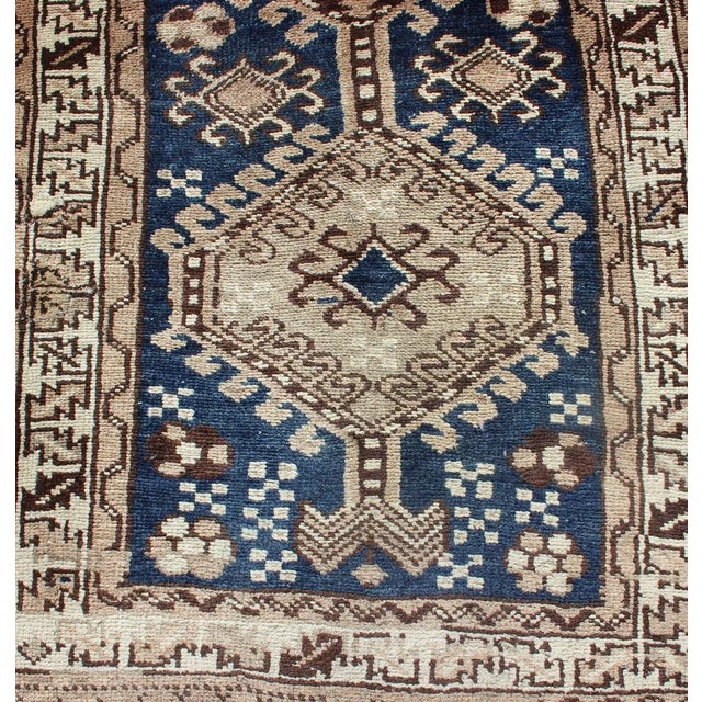 Antique Blue Tribal Karajeh Runner With Navy Blue, Brown and Earth Tones For Sale - Image 9 of 13