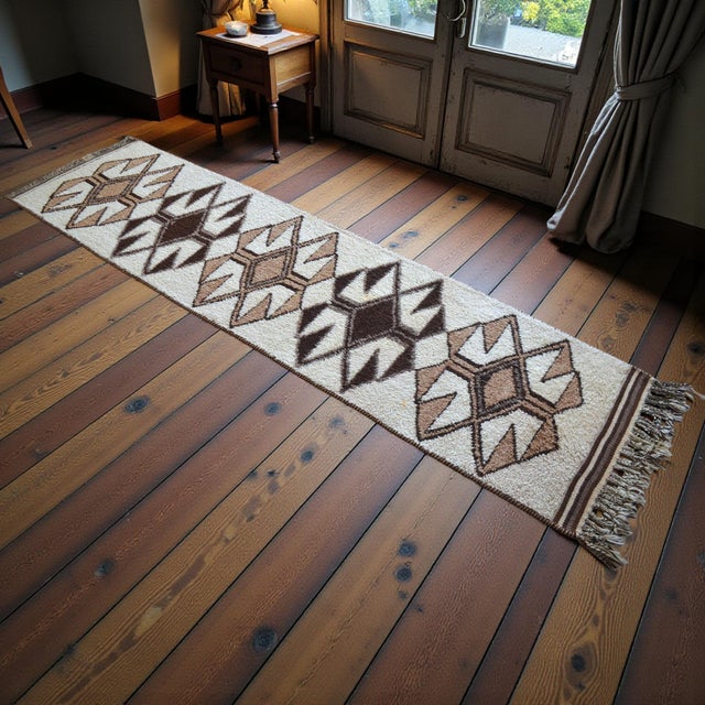 Mid-Century Modern Hand-Knotted Kurdish Runner Rug . Pure Organic Undyed Wool High Pile Herki - 3′1″ × 11′6″ For Sale - Image 3 of 15