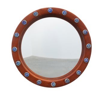 Round Teak Mirror with Blue Ceramic Stud Decoration by Deknudt, 1960s, 1950s For Sale