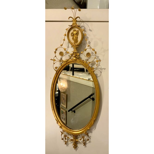 Wood Vintage Decorative Arts Oval Carved Gold New York Wall Mirror For Sale - Image 7 of 7