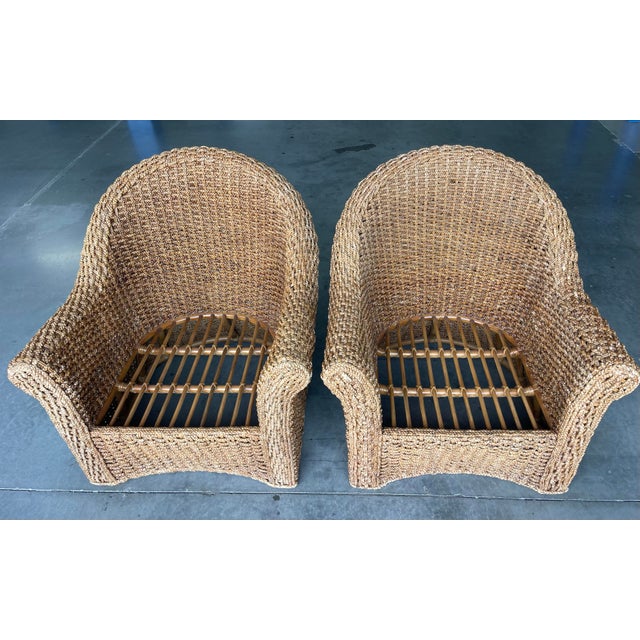 Wood Vintage Sculptural Braided Rattan Lounge Armchairs in Tropical Upholstery, Pair For Sale - Image 7 of 12