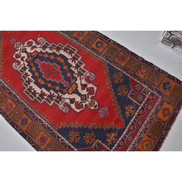 Vintage Anatolian Wool Area Rug, Bold Red Field With Navy Blue Geometric Medallion For Sale In Phoenix - Image 6 of 10