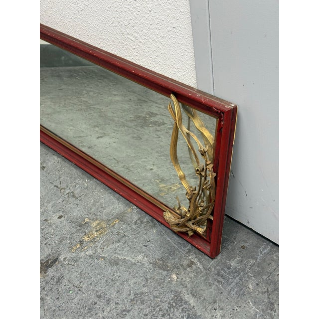 Asian-Inspired Red + Gilt Botanical Wall Mirror, Vintage For Sale - Image 4 of 12