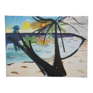 Late 20th Century Expressionist Four Seasons Beach Palm Tree Hammock Seascape Oil Painting 24" For Sale
