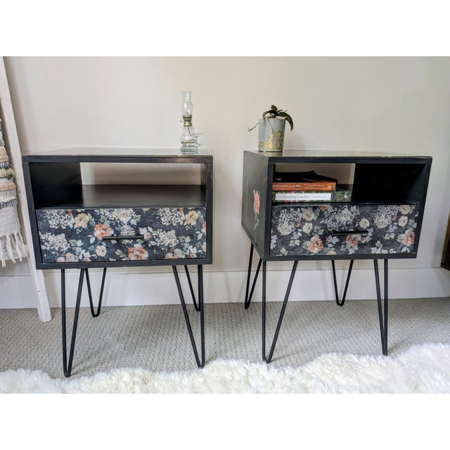 Moody Botanical Functional Art | Vintage Nightstand Pair | Hand-Decorated | Resin Top | Hairpin Legs For Sale - Image 9 of 11