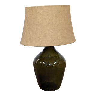 Pottery Barn Olive Green Wine Bottle Glass Table Lamp With Burlap Shade For Sale
