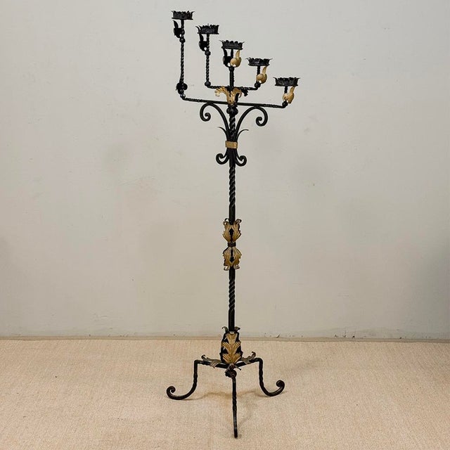 Spanish Revival Hand Forged Iron and Brass Torchère ~ Floor Candelabra For Sale - Image 4 of 18