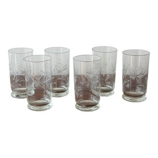Vintage Etched Glass Footed Tumblers - Set of Six For Sale