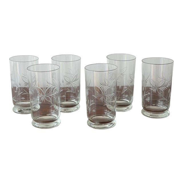 Vintage Etched Glass Footed Tumblers - Set of Six For Sale