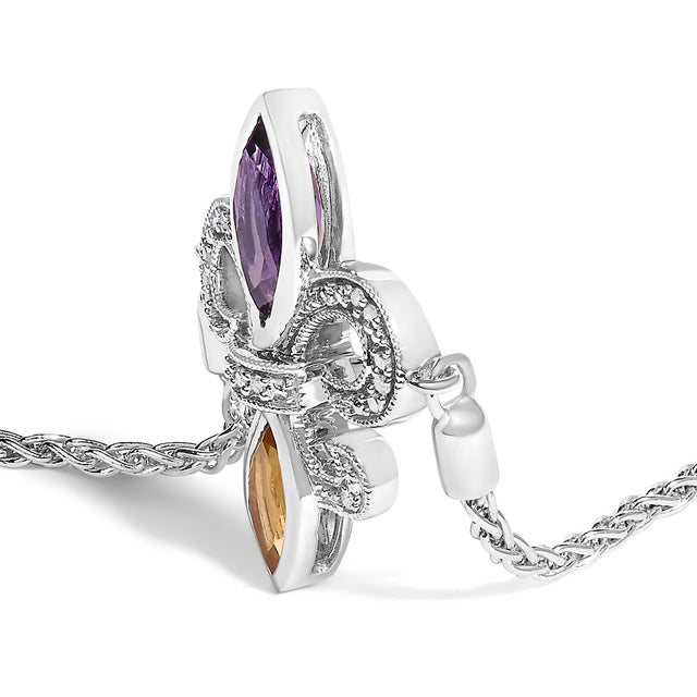 Contemporary .925 Sterling Silver Marquise Purple Amethyst, Orange Citrine, and Diamond Accent Lariat 4”-10” Fleur De Lis Adjustable Bolo Bracelet For Sale - Image 3 of 5