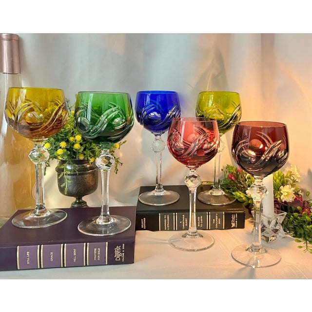 Mid 20th Century Multicolor Cut to Clear Bohemian Styled Wine Glasses- Set of 6 For Sale - Image 9 of 9