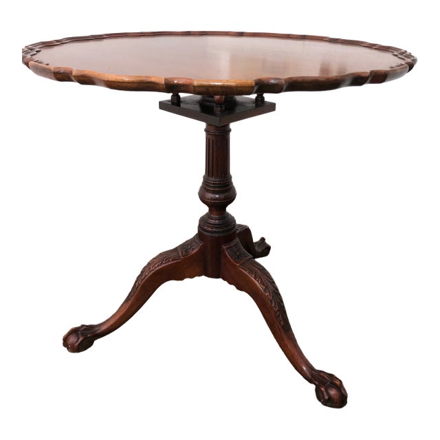 Chippendale Mahogany Tea Table With Scrolling Edge Tilting Over a Birdcage, Carved Stand Over Cabriole Legs Ending in Ball and Claw. Mid-20th Century For Sale