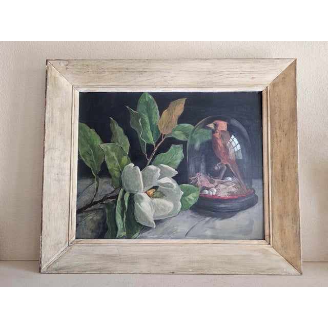 Mid 20th Century Virginia Woolley Original Oil Painting Cardinal Under Glass With Magnolia Framed For Sale - Image 9 of 12
