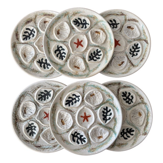 Vintage Ceramic Oyster Plates from Mbfa Pornic, France, 1980s, Set of 6 For Sale