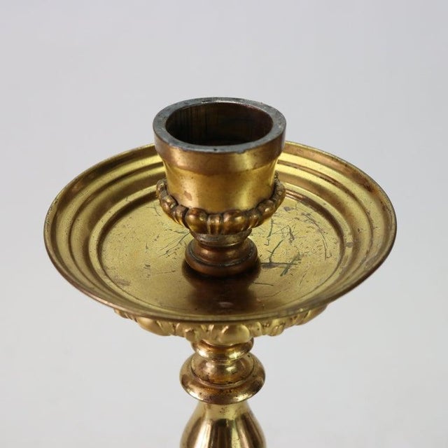 Pair of Antique French Brass & Fire Gilt Bronze Figural Candlesticks C1890 For Sale - Image 4 of 8