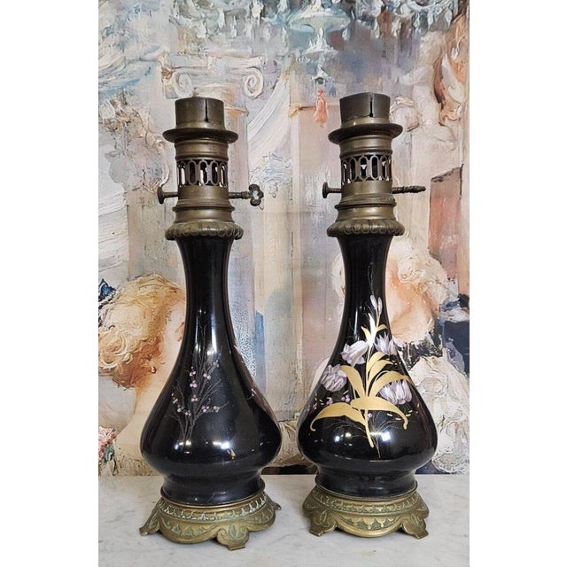 Napoleon III Lamps with Black Enameled Porcelain Stems, Set of 2 For Sale - Image 5 of 7