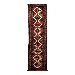Vintage Persian Malayer Runner, Handwoven Rug in Geometric Pattern, Ivory & Red, 3’ X 10’ For Sale