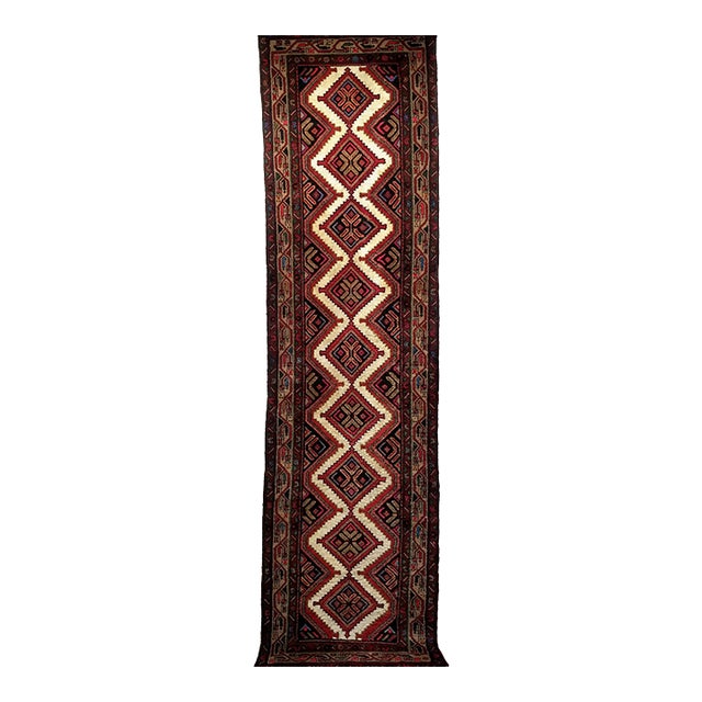 Vintage Persian Malayer Runner, Handwoven Rug in Geometric Pattern, Ivory & Red, 3’ X 10’ For Sale