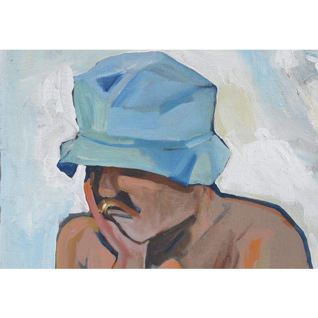 "Banker's Holiday" Figurative Painting, Oil on Canvas, Signed, 29x29 Wonderful Bay Area School figurative of tan man with...