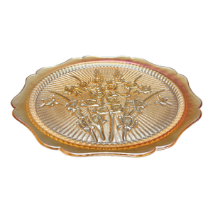 Vintage Jeannette Glass “Iris and Herringbone” Marigold Carnival Glass Cake Plate