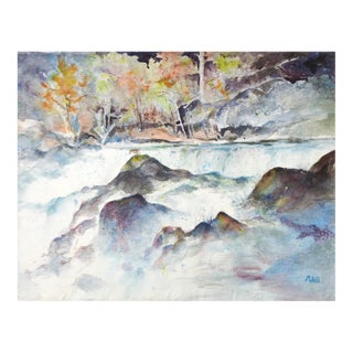 Late 20th Century Rushing River Landscape Watercolor Painting For Sale