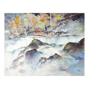 Late 20th Century Rushing River Landscape Watercolor Painting