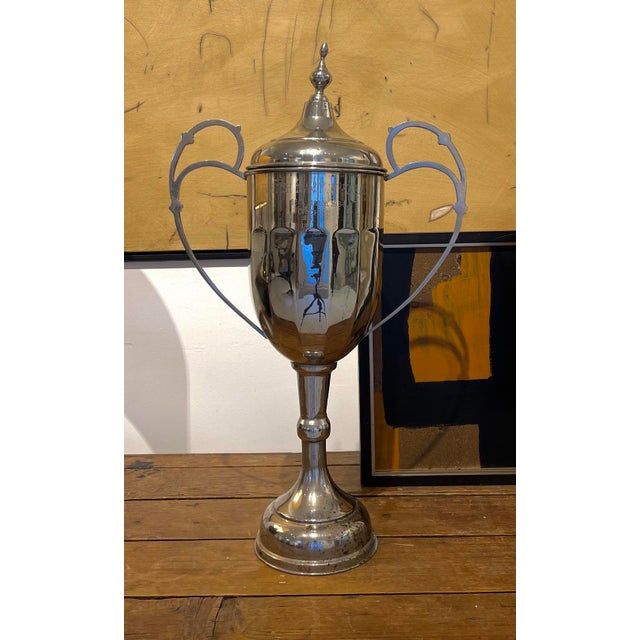 Metal Large Vintage Silver Plate Trophy Urn With Lid, Sculptural Decorative Object For Sale - Image 7 of 7